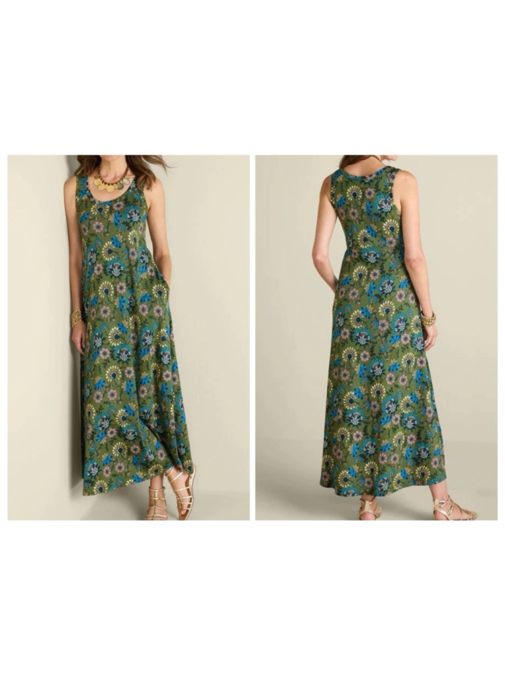 Soft Surroundings Santiago Tank Maxi Dress 2X Green Marrakesh Floral Cotton